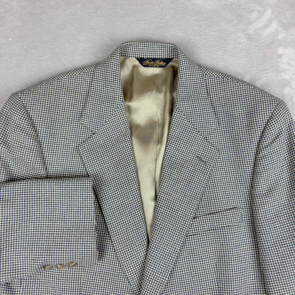 VTG Brooks Brothers Blazer Mens 40R Navy Cream Houndstooth Wool USA Union Made